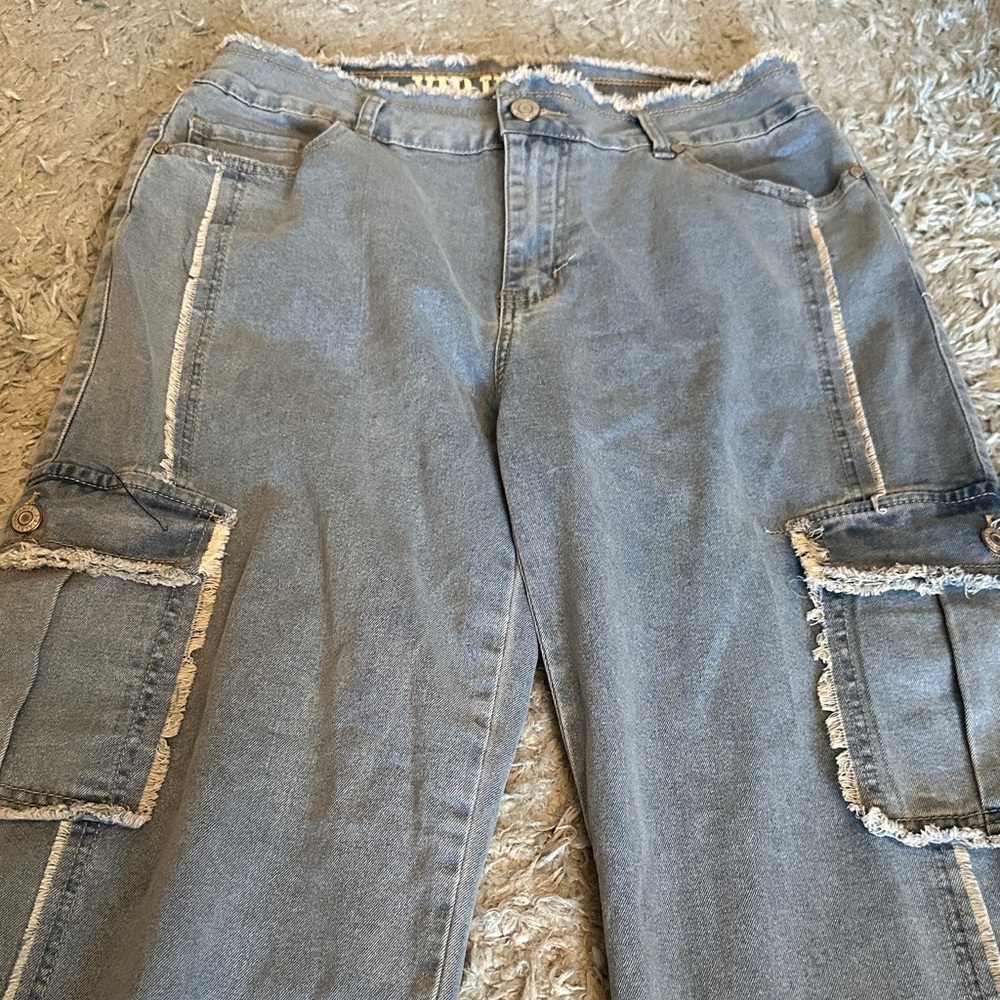denim jean Cargo Pants with Frayed Edges new